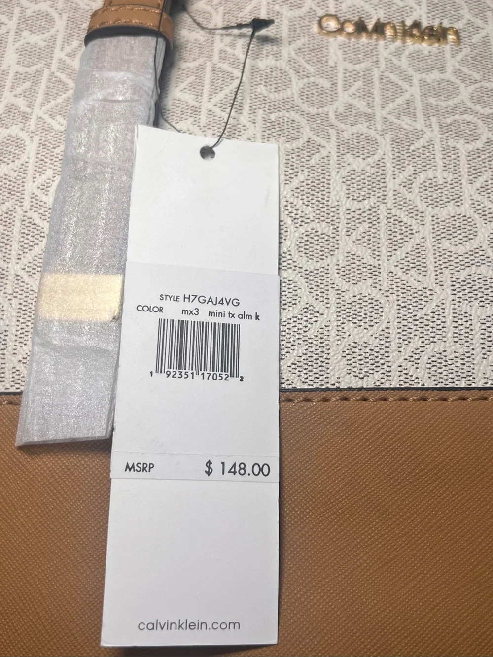 Calvin Klein Cream Monogram Tote with Tan Trim